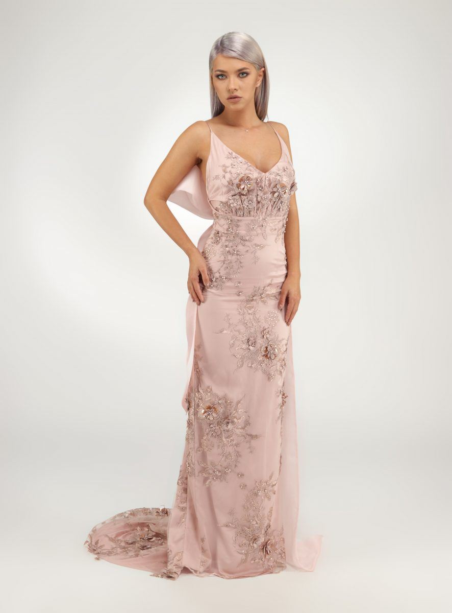 Medeea dress - Straight dress with tridimensional embroidery. Deep cleavage in front and the back.Organza bow detachable.